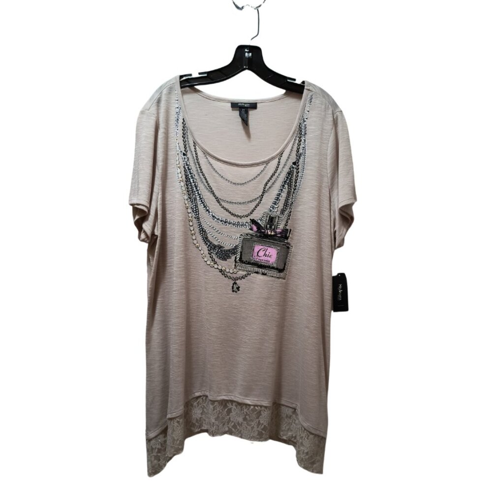 Style & Co. Beige Lace Scoop Neck Embellished Graphic T-Shirt 2X NWT